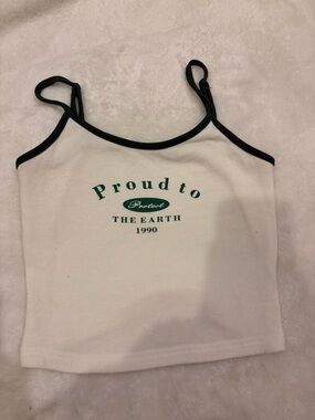 SHEIN White Ribbed Tank with Black Trim and Green Earth Graphic